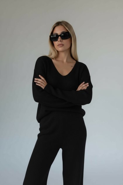 Black V-Neck Sweater Pants Bottom-Top Set