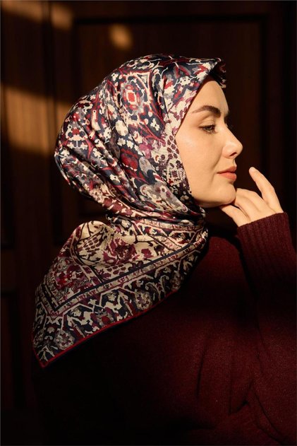 Twill Silk Scarf Navy Blue–Burgundy Patterned Tok Duruşlu Non-Slip 90X90