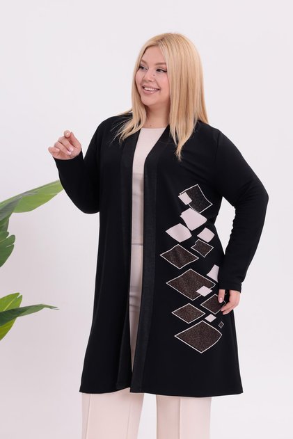 Plus Size Collar Leather Detailed Patterned Cardigan