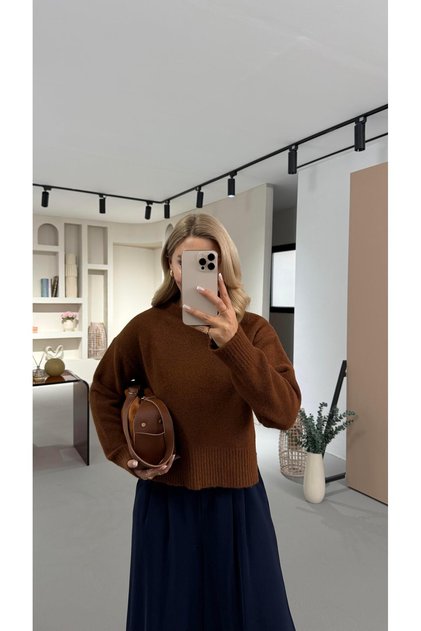 Mock Neck Slit Detail Soft Textured Brown Sweater