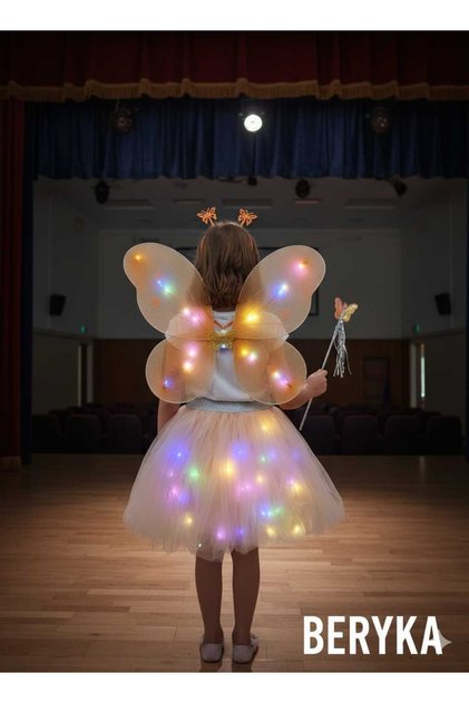 LED Işıklı Kelebek Kanat Peri Kostüm Seti | Kız Çocuk 2-10 yaş | Astarlı Kabarık Tütü Etek