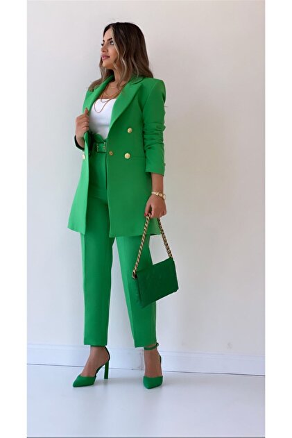Uzun Gold Düğmeli Blazer Ceket Yeşil