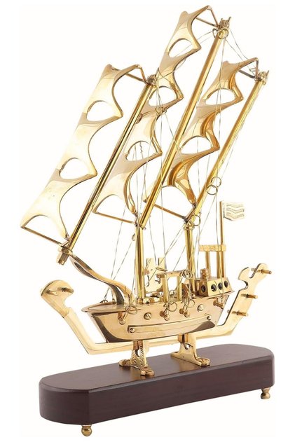Brass Sailing Ship Wooden Pedestal Home Office Decoration 33cm