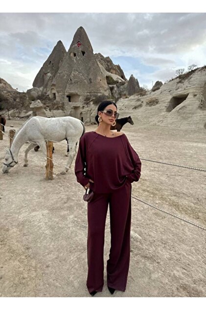 Kadın Kayık Yaka Beli Lastikli Oversize Cepli İkili Takım