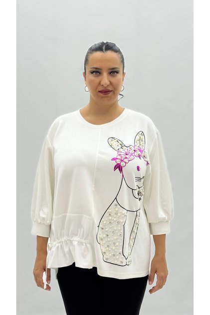 Plus Size Viscose Stone Pearl Detailed Capri Sleeve O Oversized Women Blouse
