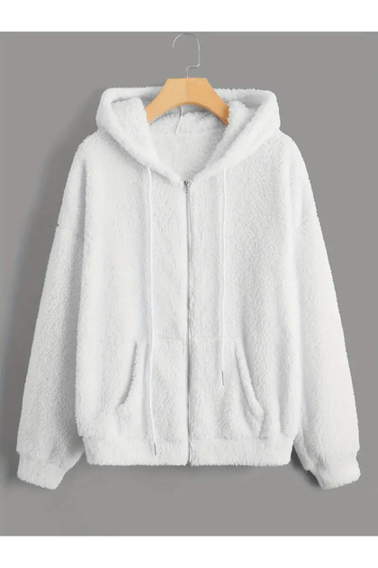 Full-Zip Jacket, Slanted Pocket Plush Hoodie, Casual Long Sleeve Hoodies