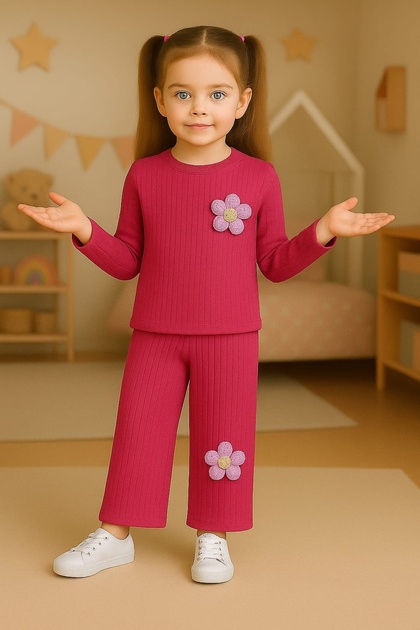 Girl's Floral Detailed Pants and Blouse 2-Piece Set, Top and Bottom, Nursery Children's Set