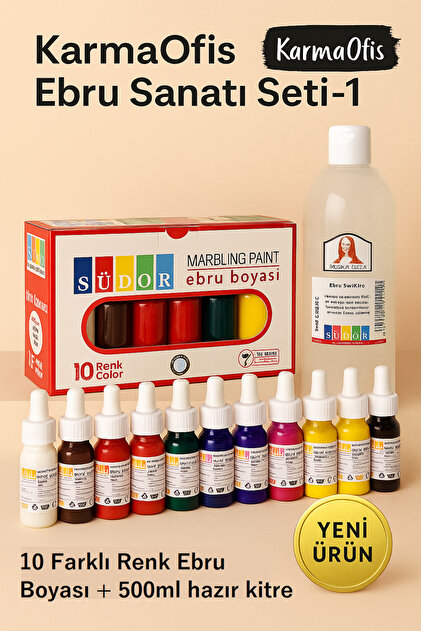Kolay Ebru Sanatı Seti-1 – 10 Renk 25 ml Ebru Boyası + 500 ml Kitre