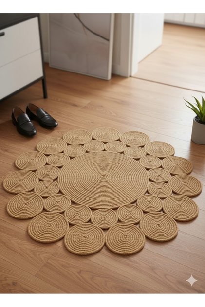 Hasır Jüt Çiçek Desenli Kilim Halı