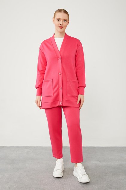 Fuchsia Button Closure Cardigan Suit with Pants