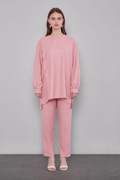 Powder Crew Neck Button Detailed Two-Piece Set