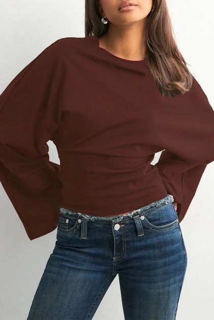 Women's Brown High Neckline Dramatic Flared Sleeve Bodycon Diver Fabric Crop Blouse