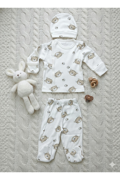 3-Piece Beige Lion Patterned Newborn Baby Set – 100% Cotton – Unisex Hospital Release Set