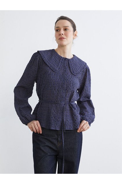 Lcwaikiki Classicnavy Blue Peter Pan collar Plaid Seersucker Women's Shirt