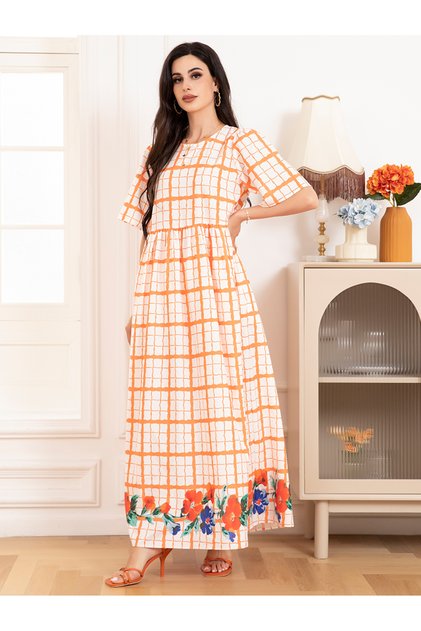 Sweet Round neck Plaid Flowers Pocket Regular sleeve Long Dresses