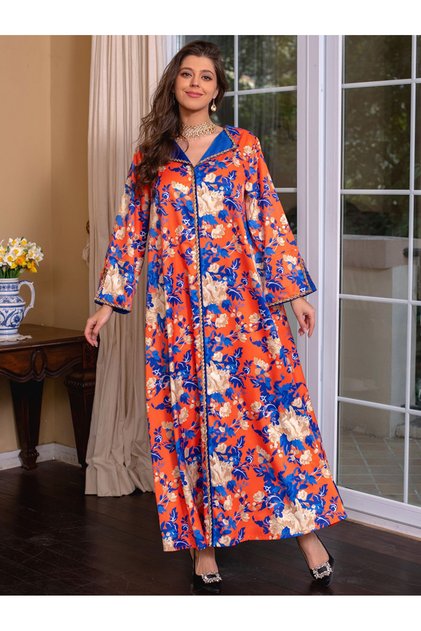 Sweet V-neck Color contrast Printing Ribbon Splicing Rhinestone Flared sleeve Kaftan