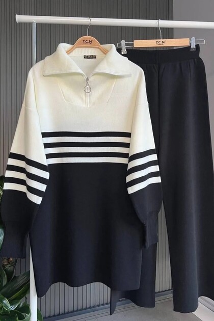 Ayda Takim Knitwear Fabric Women's Striped Patterned Two-Piece Suit with Trousers Black