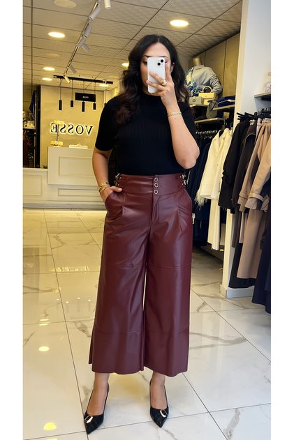 Moda İlgi Bordo Kemer Detaylı Deri Pantolon