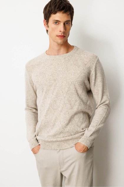 Men's Crew Neck Straw Knit Baklava Wool Sweater V.Beige