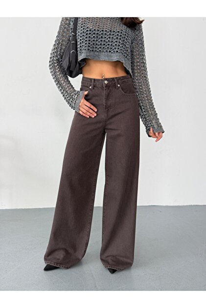 Women's Brown / Burgundy Stone-Washed Baggy Jeans High-Waist Wide-Leg Jeans