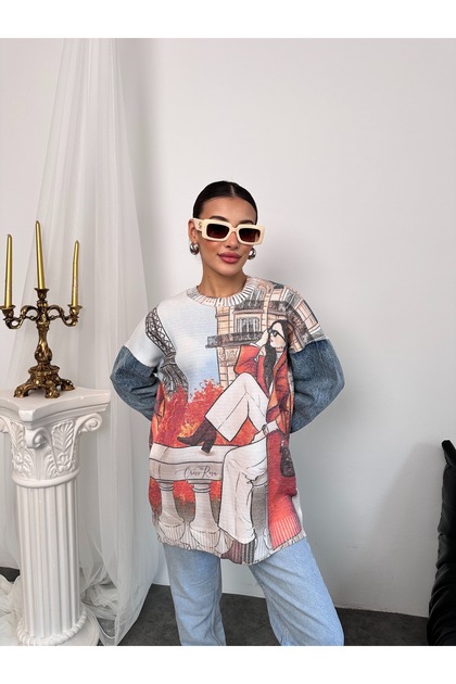 Hatunatila Patterned Crew Neck Denim Sleeve Long Sweater - 4770-7