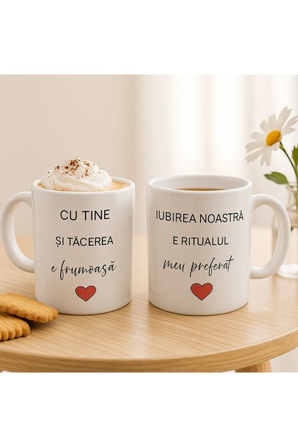 Set Căni Cuplu – „Iubirea Noastră e Ritualul Meu Preferat” – Cadou Dimineți Îndrăgostite