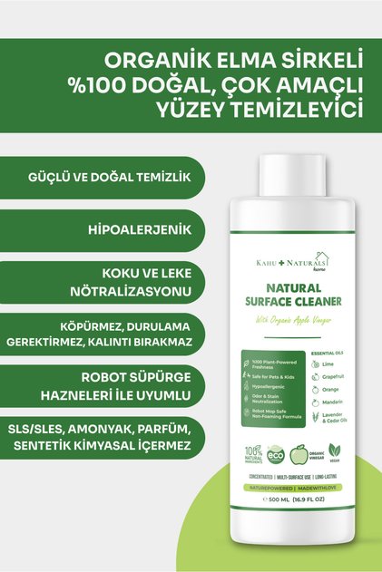Organik Elma Sirkeli %100 Doğal Çok Amaçlı Yüzey Temizleyici , Konsantre, Vegan, Çevre Dostu, 500 mL