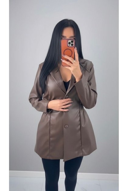 Women's Lined Shoulder Pad Layer Double-Breasted Collar Leather Jacket 2505-26 15014