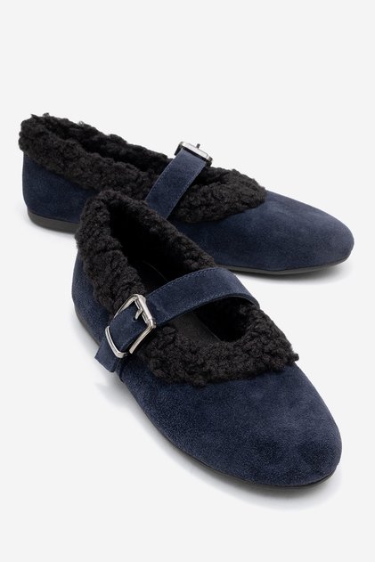 Guin Navy Blue Suede Genuine Leather Plush Detailed Belted Women's Ballerina Shoes