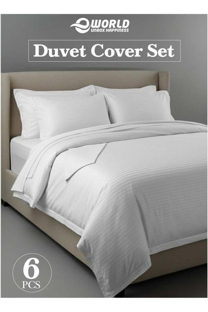 Premium Striped Duvet Set All Season – 6-Pieces set White | King Size 220x240 cm | Ultra-Soft, Wrinkle-Resistant