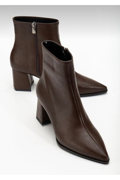 Bitter Coffee Leather Pointed Toe Women's Heeled Boots