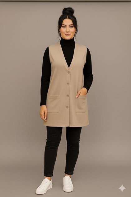 Comfortable Fit Buttoned Pocket Detail Long Vest Stylish and Easy to Match