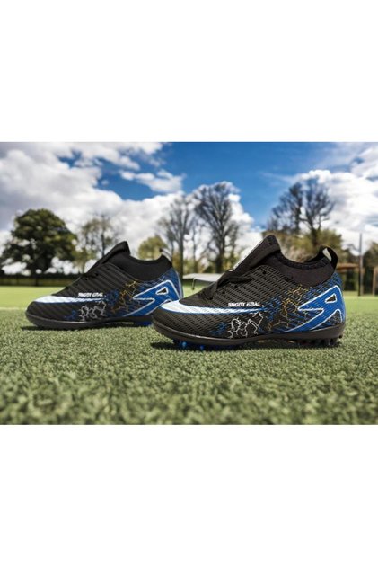 Boys' Football Shoes with Crampon Socks, Carpet Field Flat Soccer Sneakers (Black-Blue Color) Filet-Garson