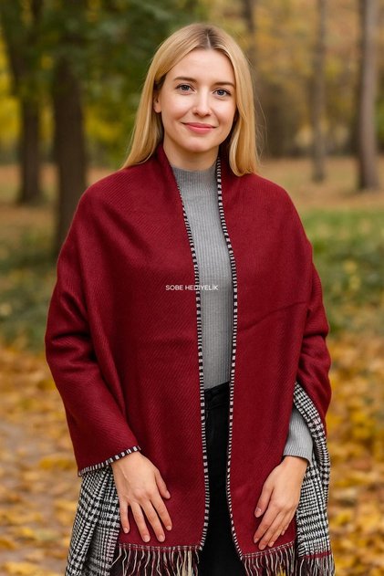 Burgundy Wool Shawl – Double-Sided Plaid Pattern Thick Winter Shawl