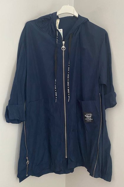 Women's Italian Navy Blue Raincoat Windbreaker with Hooded Pockets and Side Zipper That Can Be Tightened