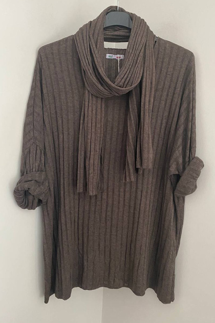 Women's Italian Brown V-Neck Scarf-Style Striped Patterned Loose Knit Blouse