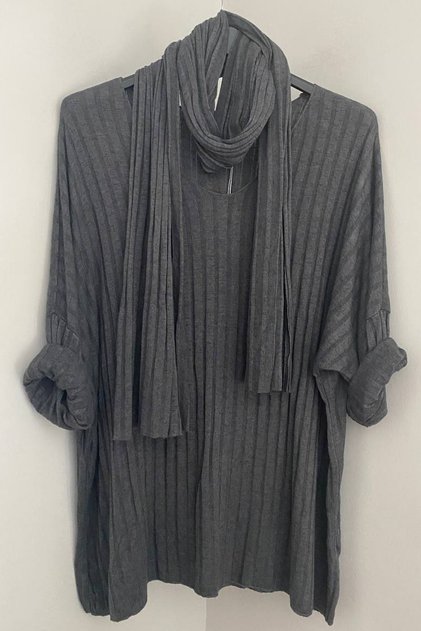 Women's Italian Dark Gray V-Neck Scarf-Style Striped Patterned Loose Knit Blouse
