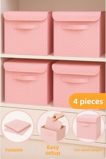 4 Pieces - Closet Organizer Folding Lid Storage Box 30X30X30Cm - Pink Spotted