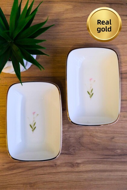 Tabak Evi Porcelain Natura Broadcloth Gold Gilded Rectangular Boat Plate 12X8,50Cm 2 Pcs
