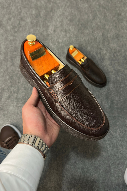 Coffee Genuine Leather Men's Casual Shoes, Loafer Shoes, Light Shoes