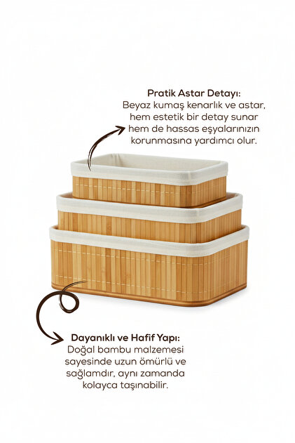 Vienev 3'lü Set Dikdörtgen Bambu Organizer Sepet | Banyo Mutfak