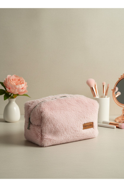 Pembe Yumuşak Peluş Makyaj Çantası – Büyük Boy XL Seyahat ve Kozmetik Düzenleyici, Kaliteli Astar