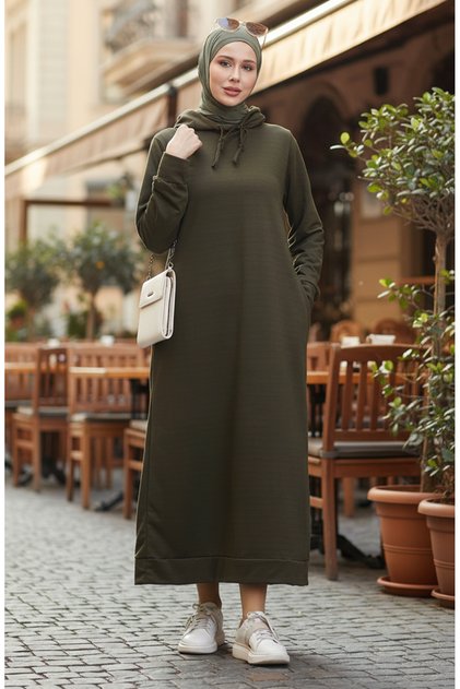 Rochie sport cu glugă cu două fire 0190-23 Kaki închis