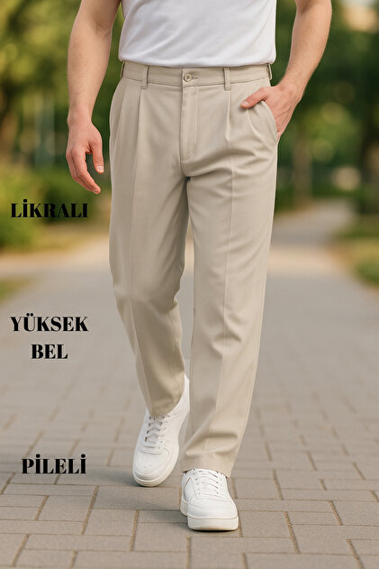 CEDY DENIM Yüksek Kalite Erkek Yüksek Bel Pileli Baggy Chino