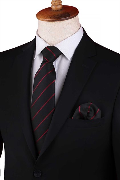 Black - Burgundy Line Pattern Classic Tie with Pocket Square Kk13204