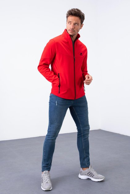 Kırmızı Fermuarlı Dik Yaka Su ve Rüzgar Geçirmez Softshell Erkek Mont - 88050