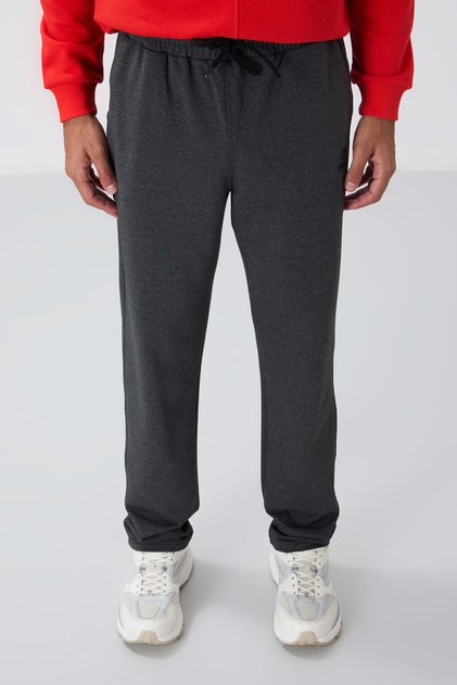 Anthracite Melange Lace-Up Pocketed Standard Fit Classic Leg Men's Sweatpants - 84682