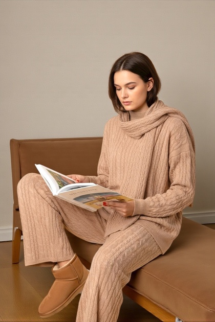 Loose Cut Scarf Detail Pants and Long Sleeve Knitwear Set with Stylish and Comfortable Design
