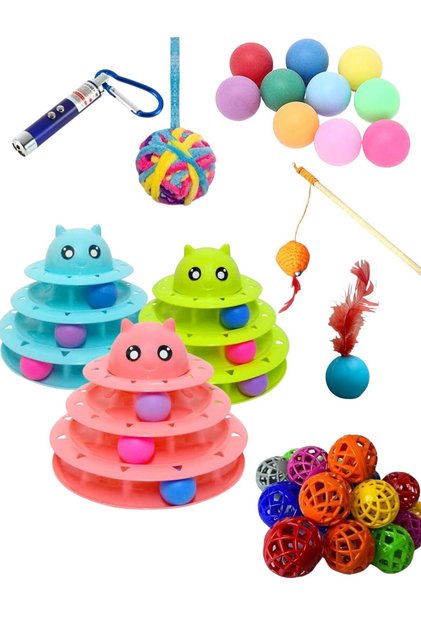 8 in 1 Cat Play Set: 3-Layer Toy-Laser-Fishing Rod-Bone Ball-Feather Ball