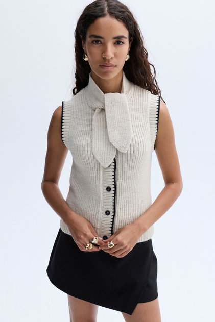 Women's Stone Color Tie-Neck Knit Sweater